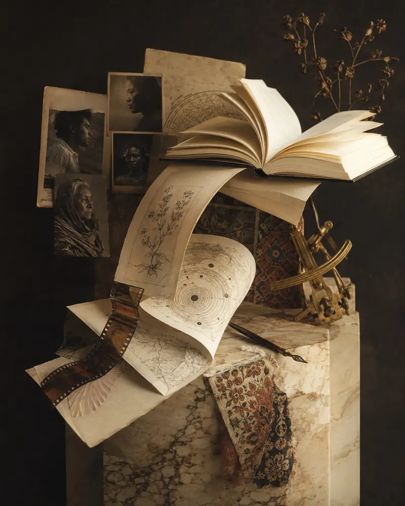 An open book bridges a cascade of pages on marble, surrounded by portraits, botanical and celestial drawings, maps and film. Dedicated company artwork.