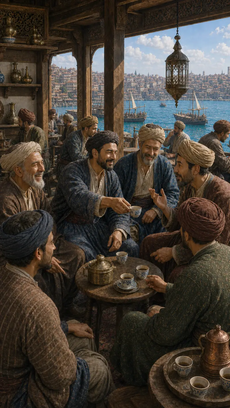 Coffee passes between guests around a brass table, in the approved Constantinople coffeehouse artwork.
